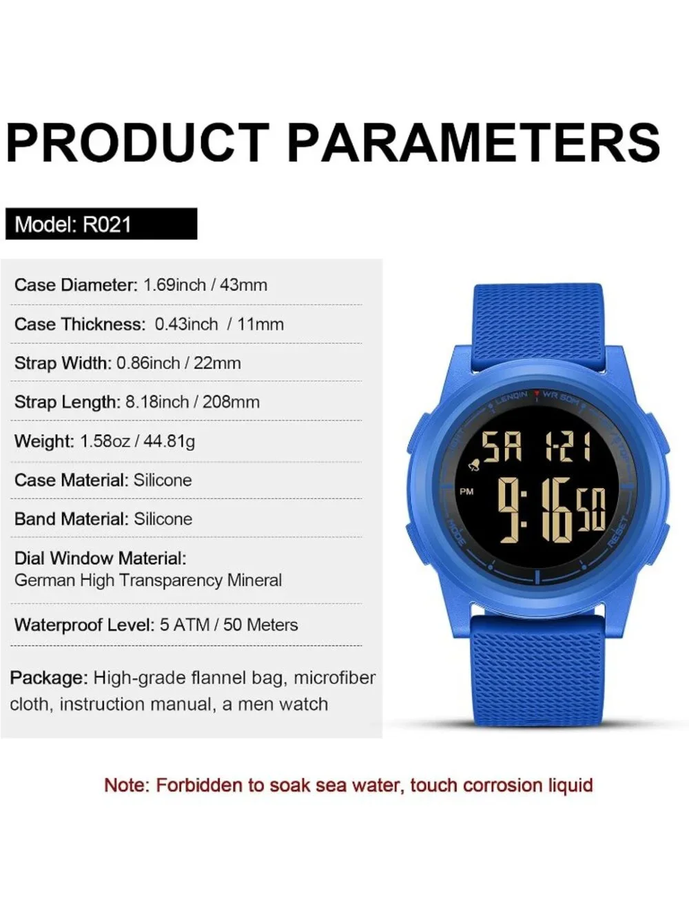 Men's Blue Black Digital Ultra Thin Sports Waterproof Silicone Band Wrist Watch